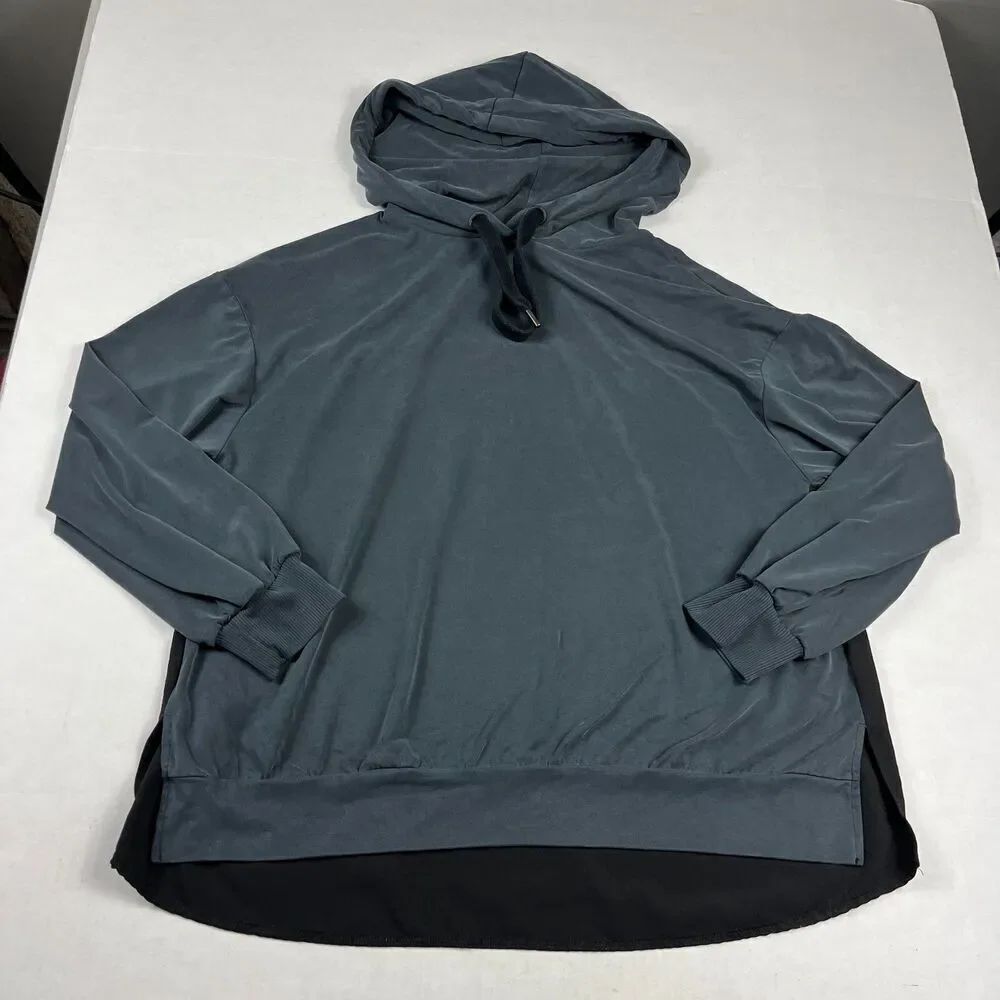 French Connection Soft Hoodie Gray Black Drawstring Comfort Everyday Top SMALL